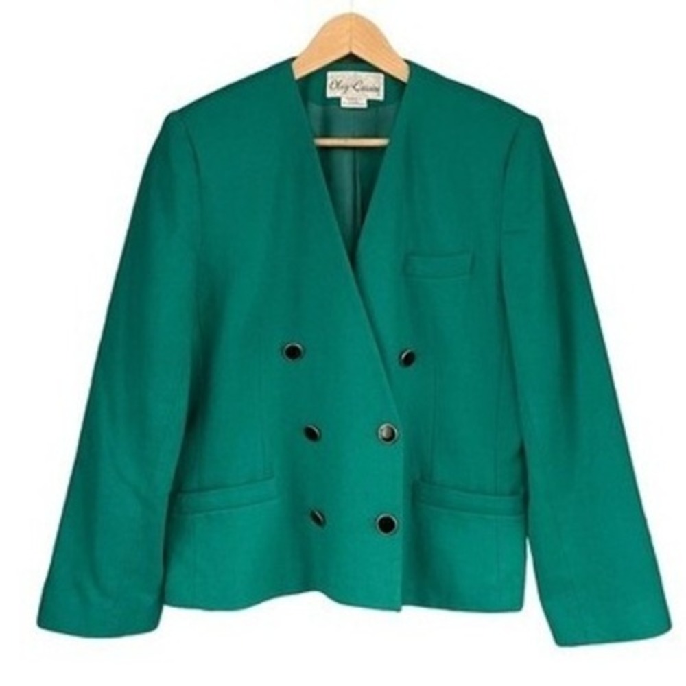 B2 Vintage Oleg Cassini Double Breasted Emerald‎ Green Blazer Jacket Women's